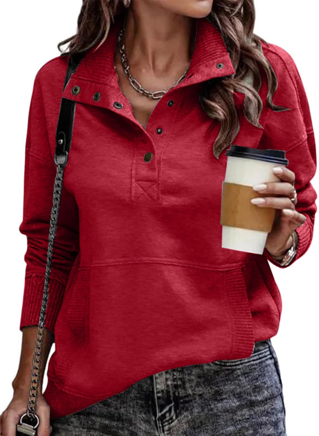SHEWIN Womens Sweatshirt Casual Long Sleeve Lightweight Sweatshirts Button Loose Pullover Tops ? - Image 2