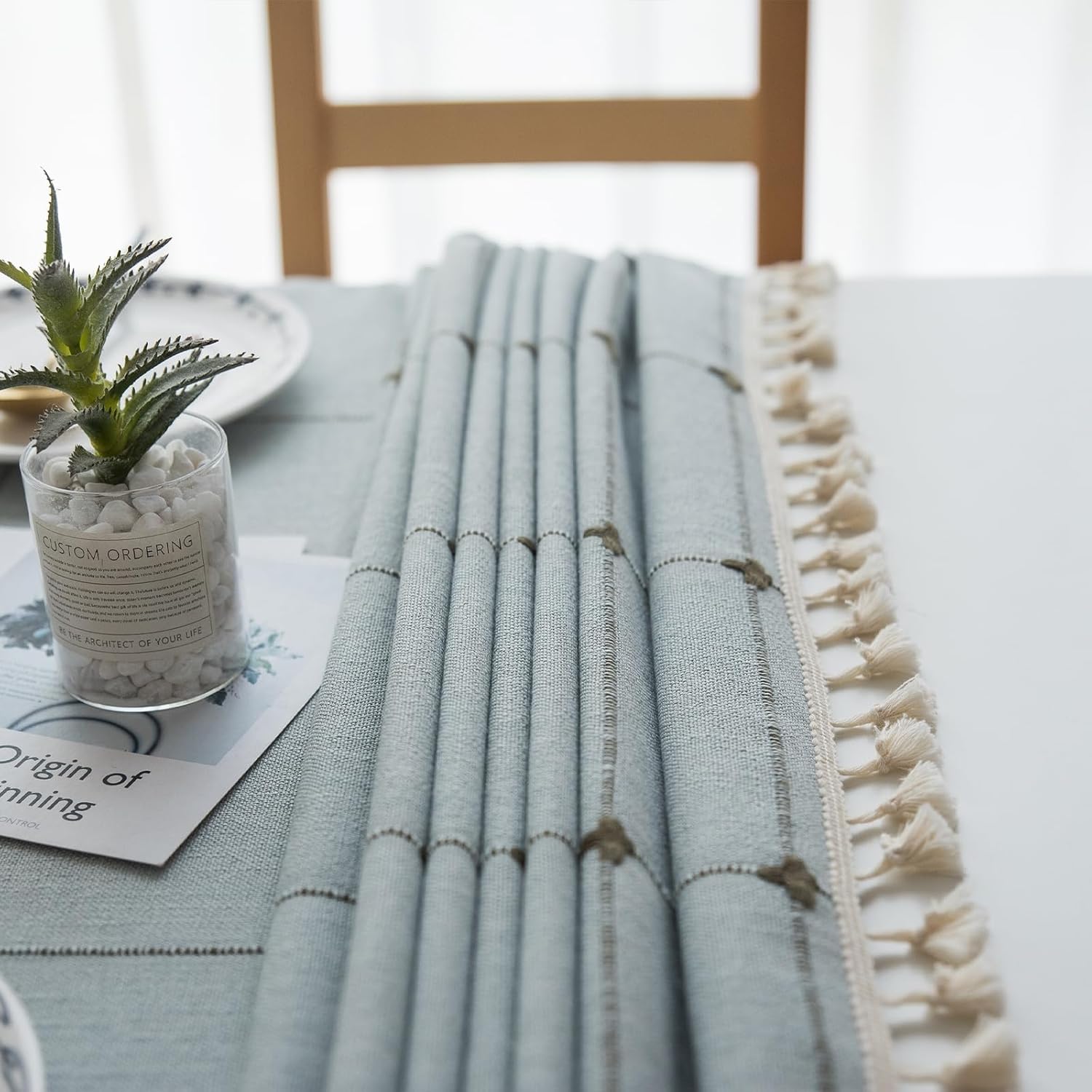 Cotton Linen Rectangular Table Cloth, Table Cloths for Parties, Kitchen Dining, Holiday, Christmas, Coffee Lines,Waterproof Tablecloth, Washable Table Cover with Tassels,Blue-31x31inch ? ? ? ? ? - Image 4