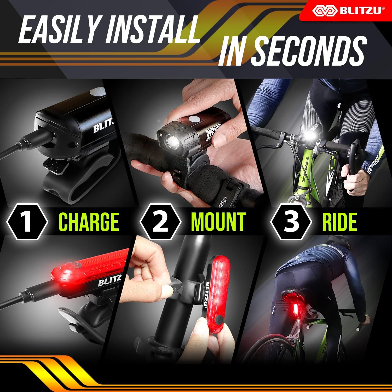 BLITZU Bike Lights, Bike Reflectors Front and Back. LED Rechargeable Headlight Rear Taillight & Bell Set Bicycle Accessories for Night Riding Men Women Kids. Gift for Dad, Mom, Boys, Girls ? ? ? ? ? - Image 2