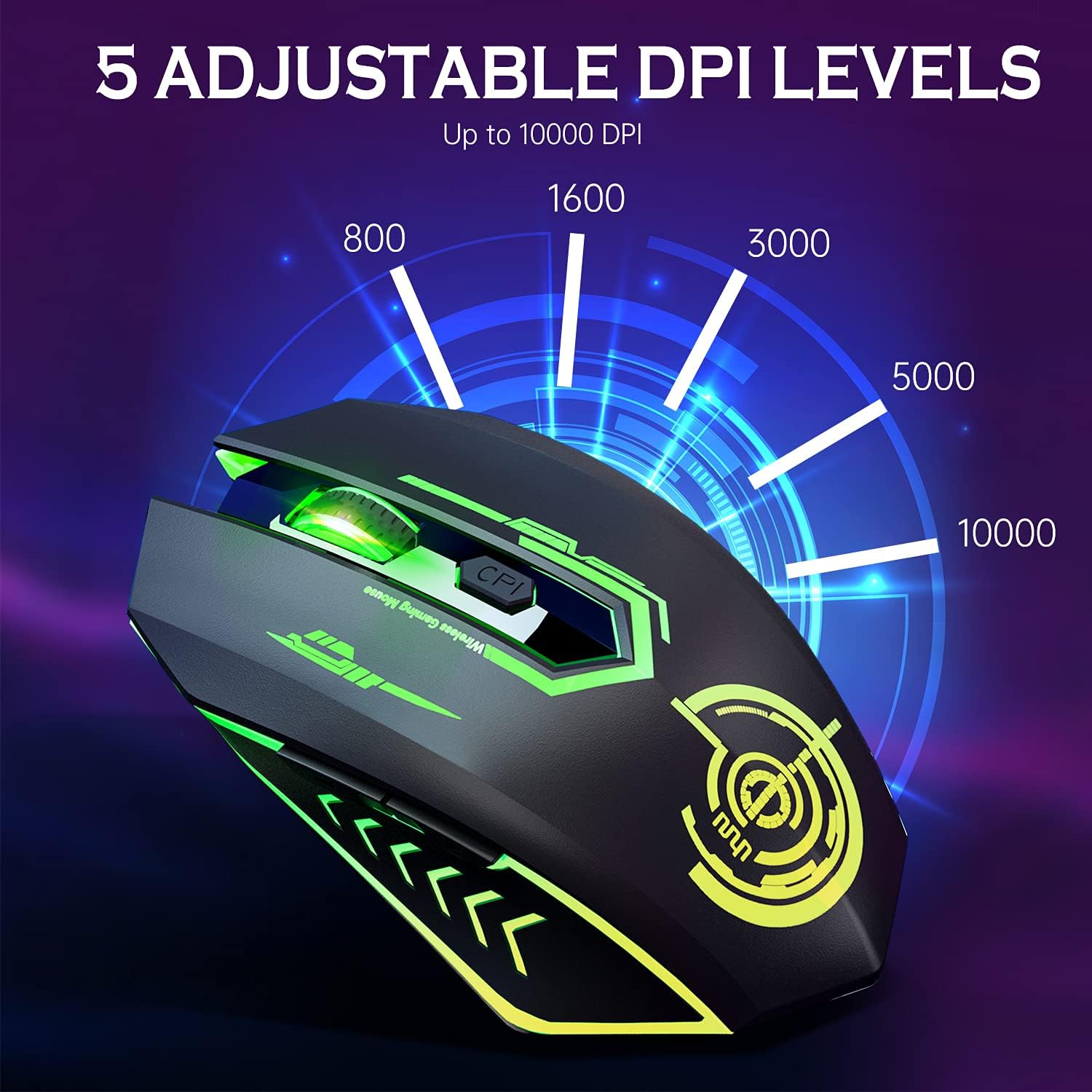 UHURU Wireless Gaming Mouse Up to 10000 DPI, Rechargeable USB Wireless Mouse with 6 Buttons 7 Dynamic LED Color Ergonomic Programmable MMO RPG for PC Laptop, Compatible with Windows Mac ? ? ? ? ? - Image 3
