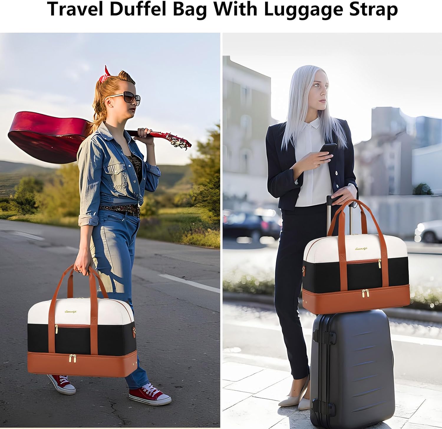 Weekender Travel Women Duffle Bags: Large Duffel Overnight Bag for Womens Weekend Personal Carry On Tote Bag with Shoe Compartment and Trolley Sleeve For Hospital Gym Traveling Work White-Black-Brown ? ? ? ? ? - Image 6