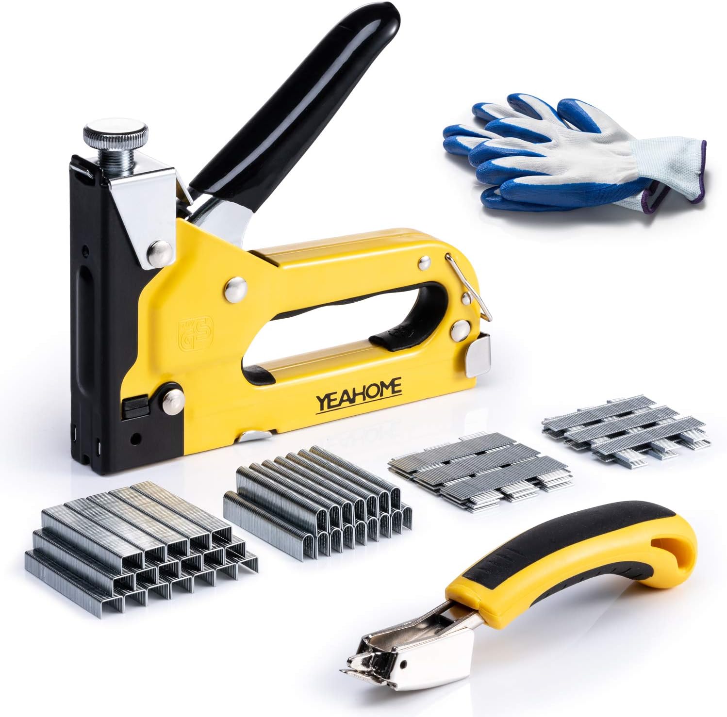 Upholstery 4 in 1 Staple Gun Heavy Duty, with 6000 Staples, Remover, Gloves, Manual Brad Nailer Power Adjustment Stapler Gun for Wood, Upholstery, Carpentry, Decoration DIY Staple Gun ? ? ? ? ?