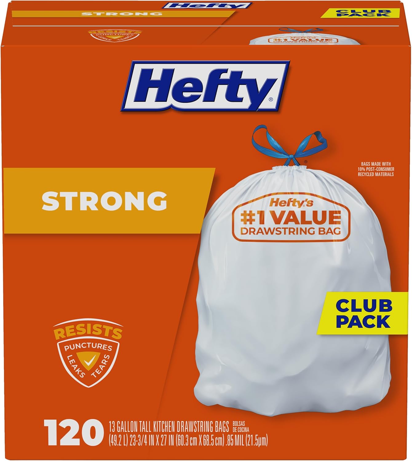 Hefty Strong 13 Gallon Trash Bags, Tall Kitchen Trash Bags, UnscentedLarge Trash Bags with Drawstrings, Durable Closure, Resists Leaks, Punctures, and Tears, White, Unscented, 120 Bags