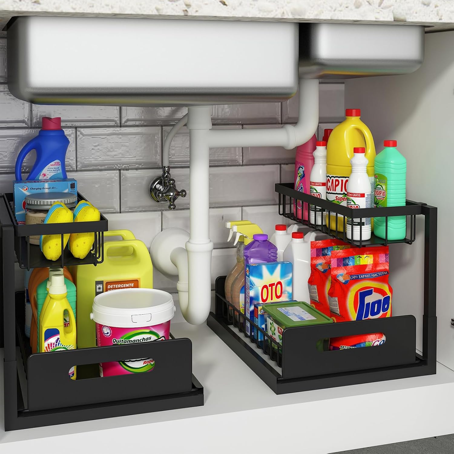 REALINN Under Sink Organizer, Pull Out Cabinet Organizer Slide Out Sink Shelf Cabinet Storage Shelves, Storages for Kitchen Bathroom, Black, 2 Pack ? ? ? ? ?