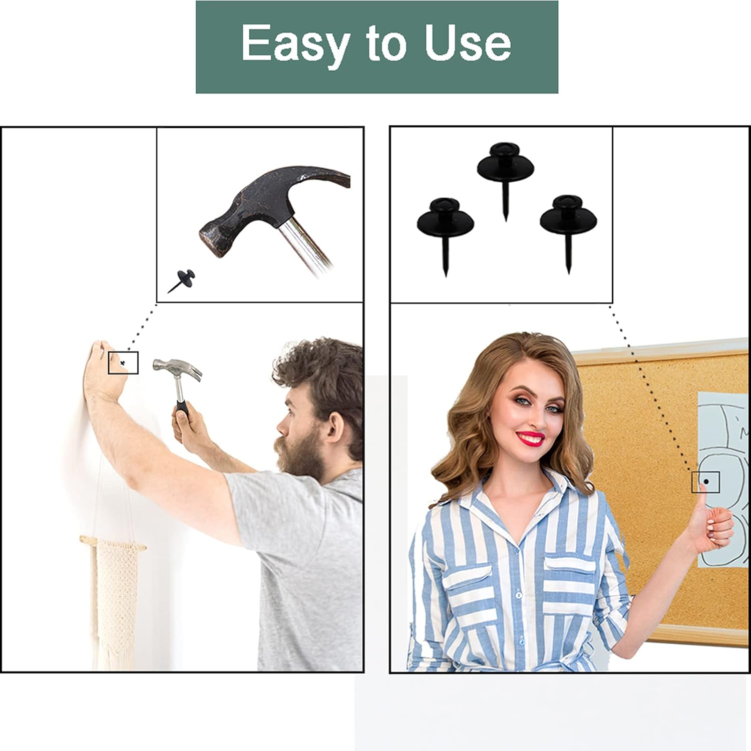 30 PCS Push Pins Picture Hangers Wall Hooks, Double Headed Thumb Tacks for Wall Hangings, Renter Friendly Decor Small Picture Frame Hangers for Drywall Cork Board Home Office Photo Decorations(Black) ? ? ? ? ? - Image 6