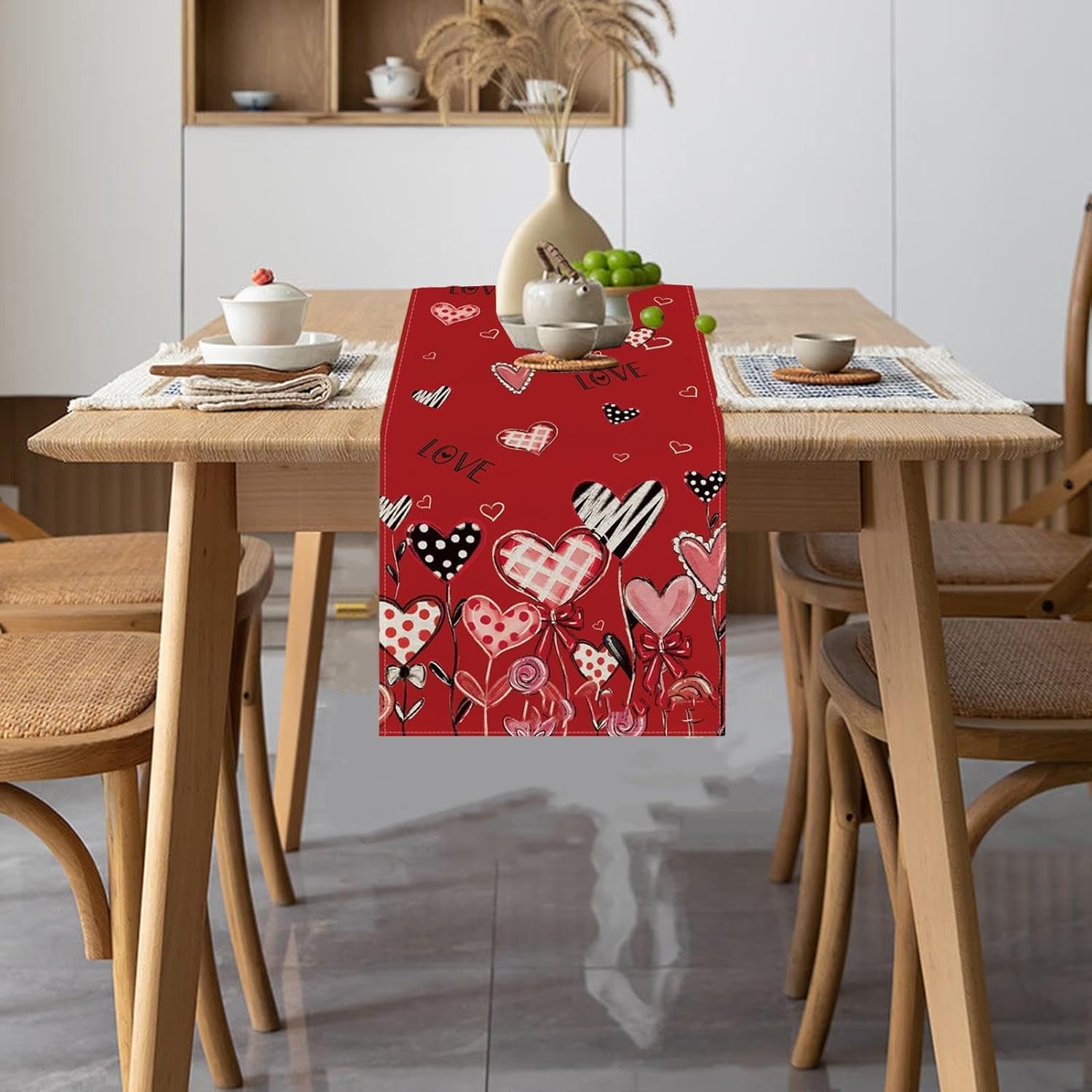 Valentines Day Table Decor Table Runner Romantic Love Heart Tablecloth - Polyester Rectangular Holiday Table Cover, 90x33cm/35x13inch Table Decor Wedding Kitchen Dining Table - Image 2