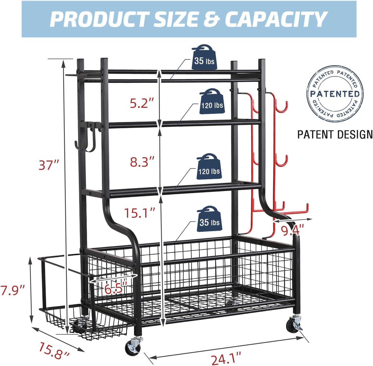 PLKOW Dumbbell Rack, Weight Rack for Dumbbells, Home Gym Storage for Dumbbells Kettlebells Yoga Mat and Balls, All in One Workout Storage with Wheels and Hooks, Powder Coated Finish Steel ? ? ? ? ? - Image 6