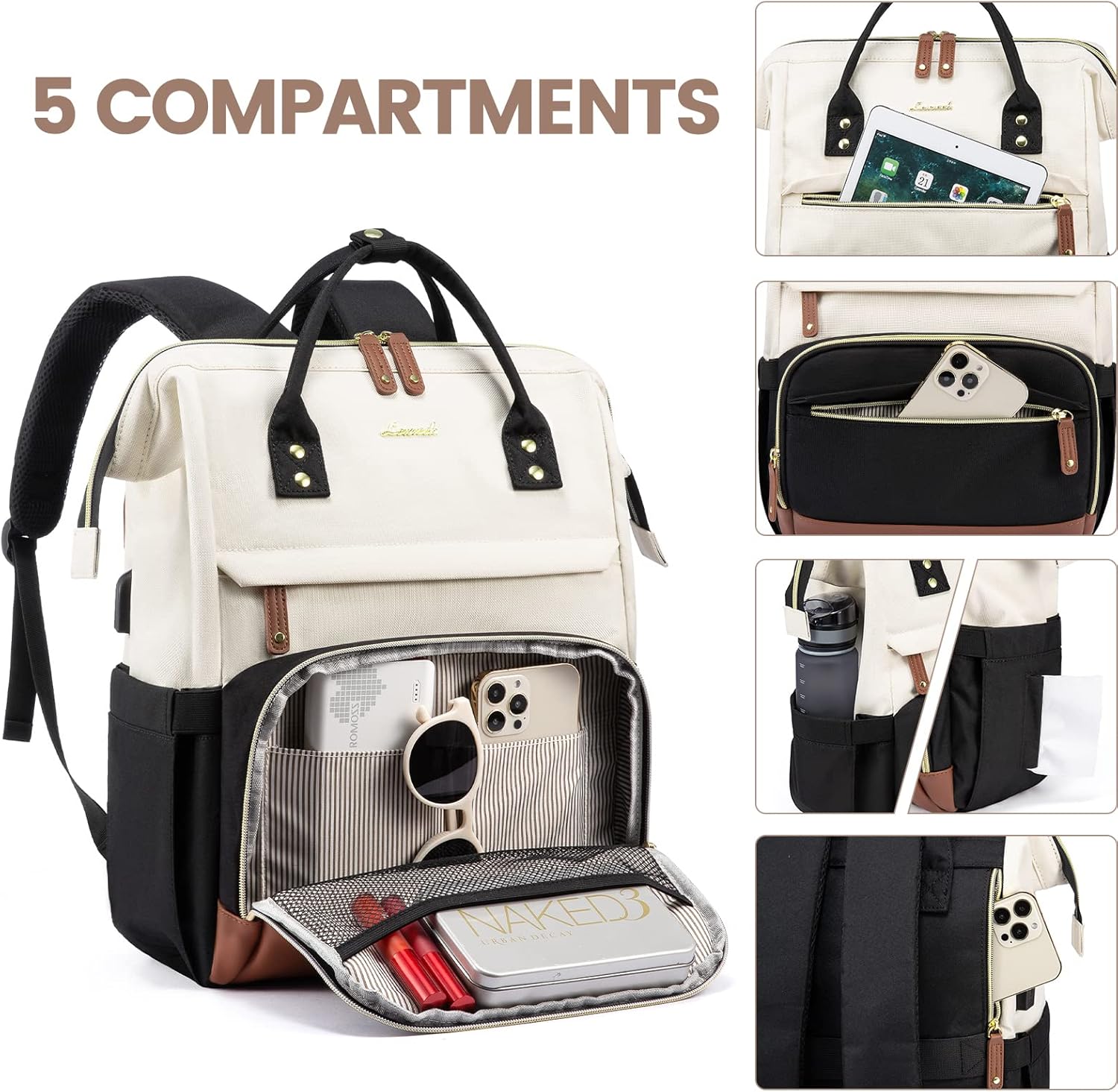 LOVEVOOK Laptop Backpack for Women, 17 Inch Work Business Backpacks Purse with USB Port, Large Capacity Nurse Bag College Bookbag for School, Waterproof Casual Daypack for Travel,Black-White-Brown ? ? ? ? ? - Image 3