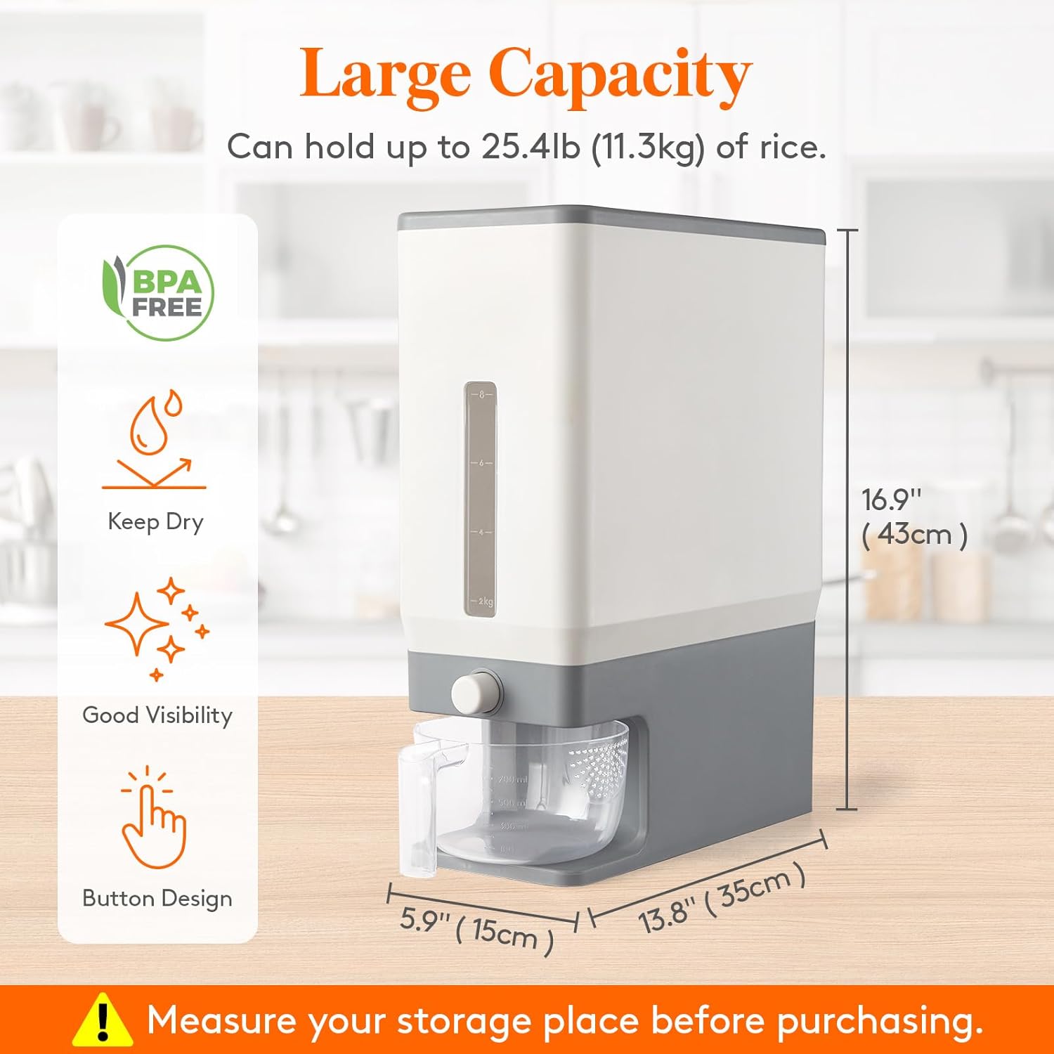 Lifewit Rice Dispenser 25 Lbs(11.3kg), Rice Storage Container Sealed Moisture Proof with Measuring Cup for Kitchen Pantry Household, BPA-Free ? ? ? ? ? - Image 2