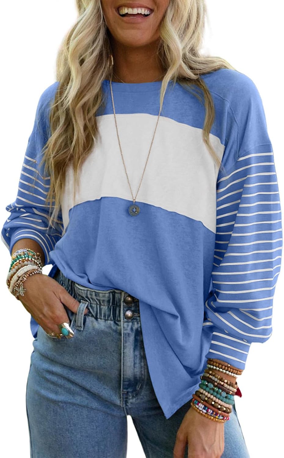Dokotoo Long Sleeve Spring Tops Oversized 2025 Trendy Round Crew Neck Casual Color Block Womens Shirts Blouses ? - Image 6