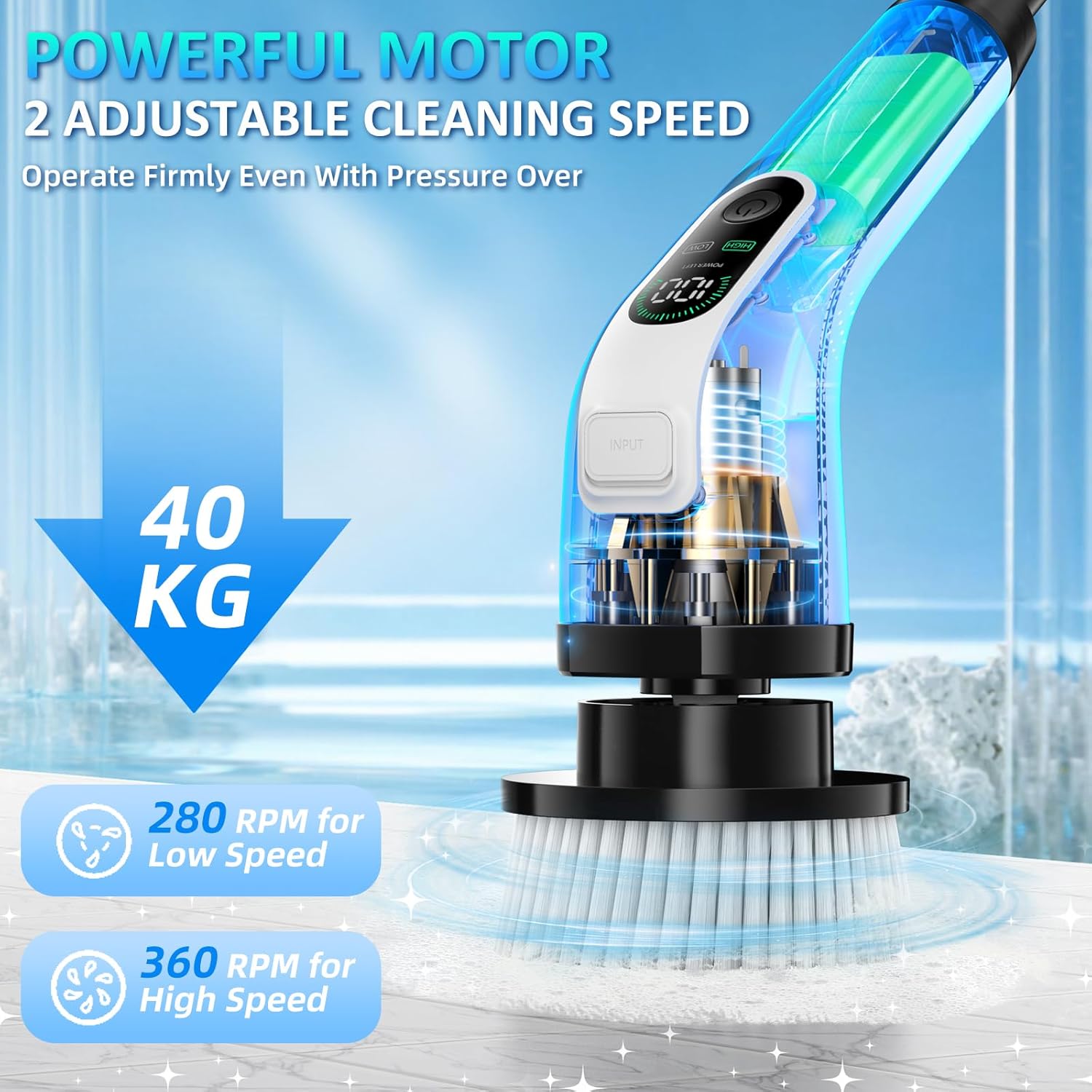 Electric Spin Scrubber, IPX7 Waterproof Power Shower Scrubber with Extension Handle, 7 Replaceable Brush Heads & 3 Hard Bristle Crevice Cleaning Brushes Cleaning Supplies for Bathroom Tub Tile Floor - Image 3