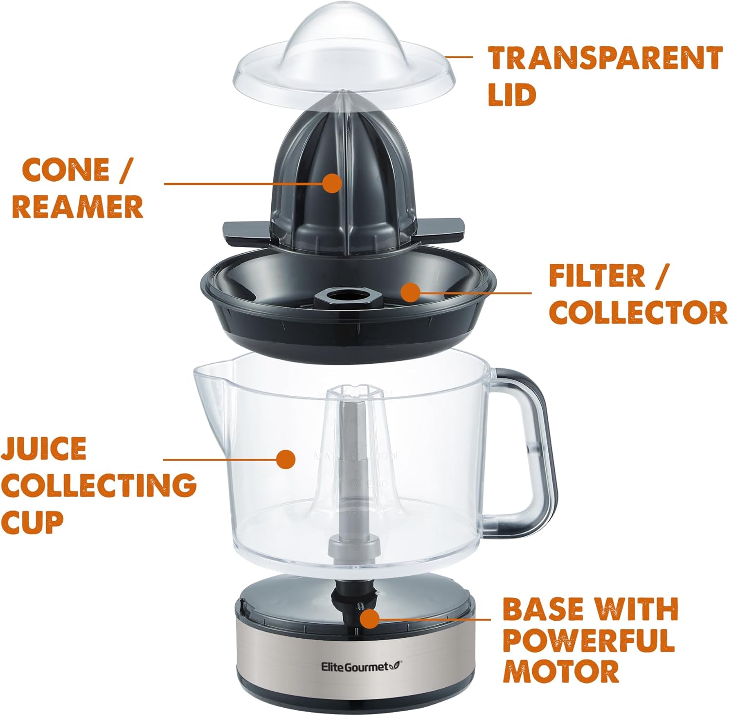 Elite Gourmet ETS623 BPA-Free Electric Citrus Juicer, Compact, Large Volume, Pulp Control, Oranges, Lemons, Limes, Grapefruits with Easy Pour Spout, 24oz, Black/Stainless Steel ? ? ? ? ? - Image 2