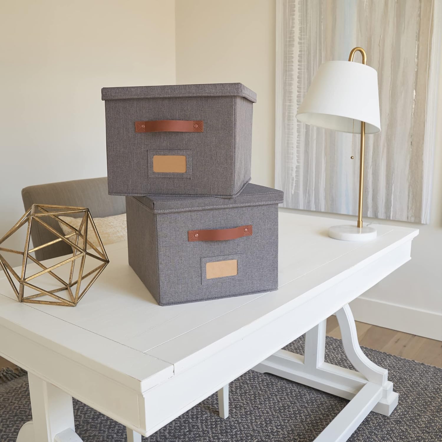 ZICOTO Decorative File Organizer Box Set of 2 - Collapsible Linen Filing Cabinets w/Handles Are Perfect to Store all Your Documents & Hanging File Folders - Portable Easy Slide Crates with Lid ? ? ? ? ? - Image 3