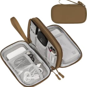 FYY Electronic Organizer, Travel Cable Organizer Bag Pouch Electronic Accessories Carry Case Portable Waterproof Double Layers Storage Bag for Cable, Charger, Phone, Earphone, Medium Size- Brown ?   ?   ?  ?   ?