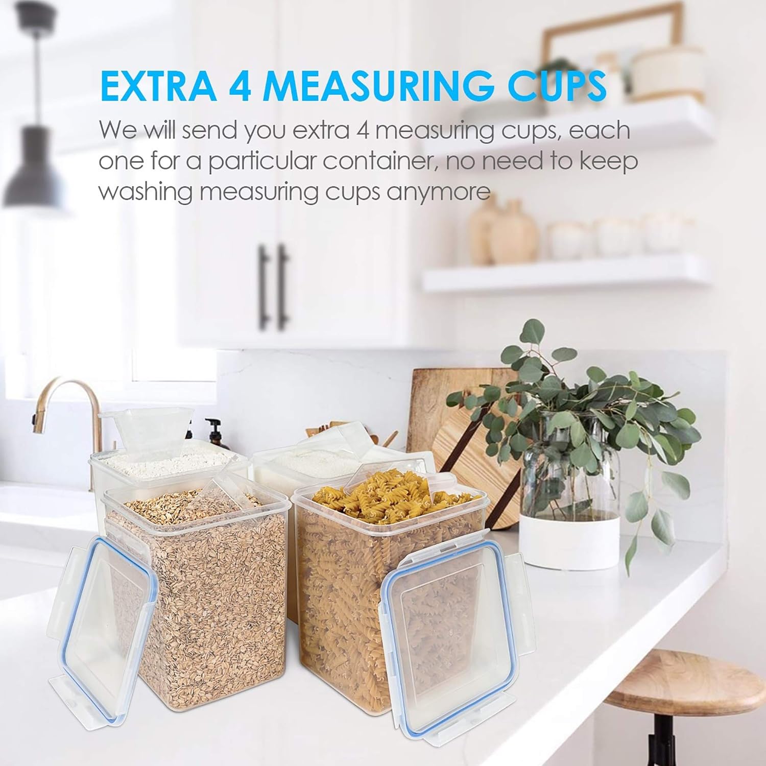 Vtopmart Large Food Storage Containers 5.2L / 175oz, 4 Pieces BPA Free Plastic Airtight Canisters for Flour, Sugar, Baking Supplies, Rice with Lids, 4 Measuring Cups and 24 Labels, Blue ? ? ? ? ? - Image 6