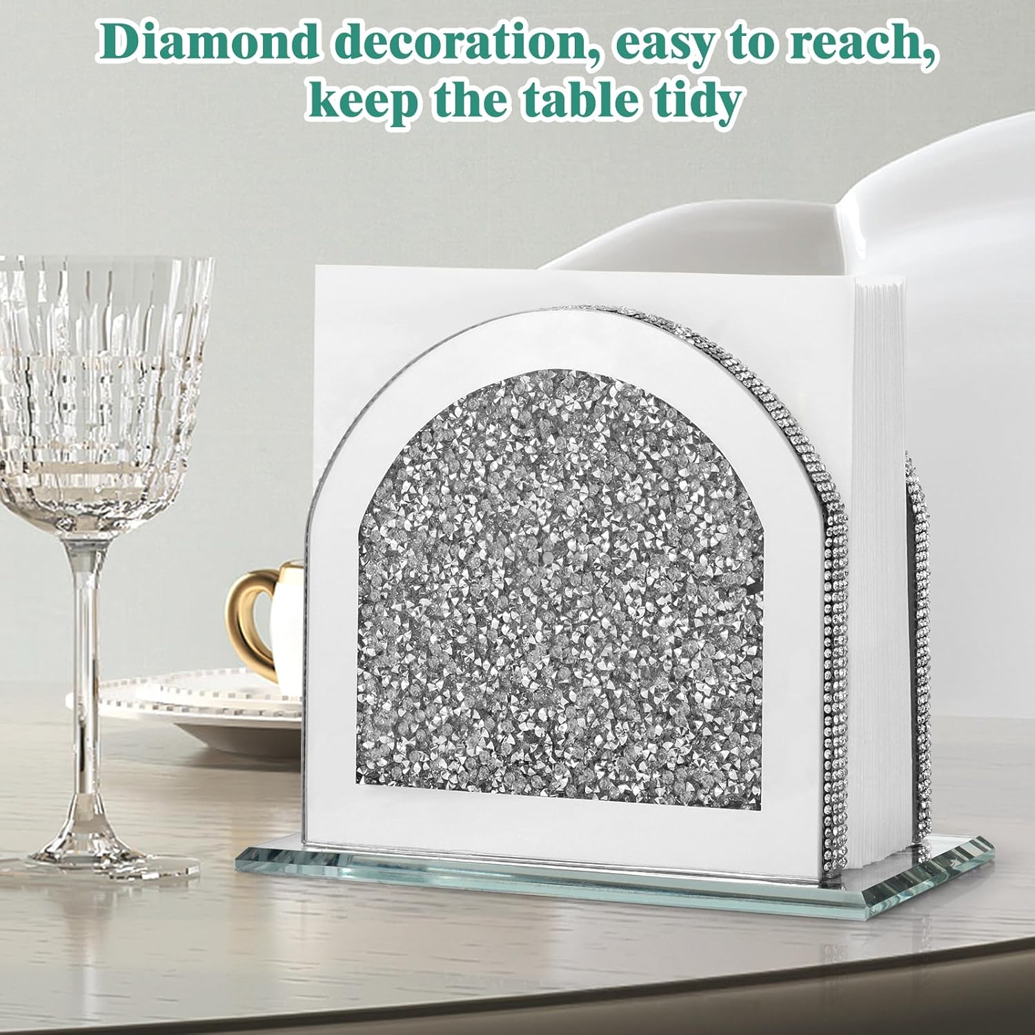 Napkin Holder, Crystal Napkin Holders for Tables, Mirrored Crushed Diamond Napkin Dispenser, Vertical Napkin Holder, Bling Kitchen and Dining Table Decor Accessories with Weighted Base - Image 6