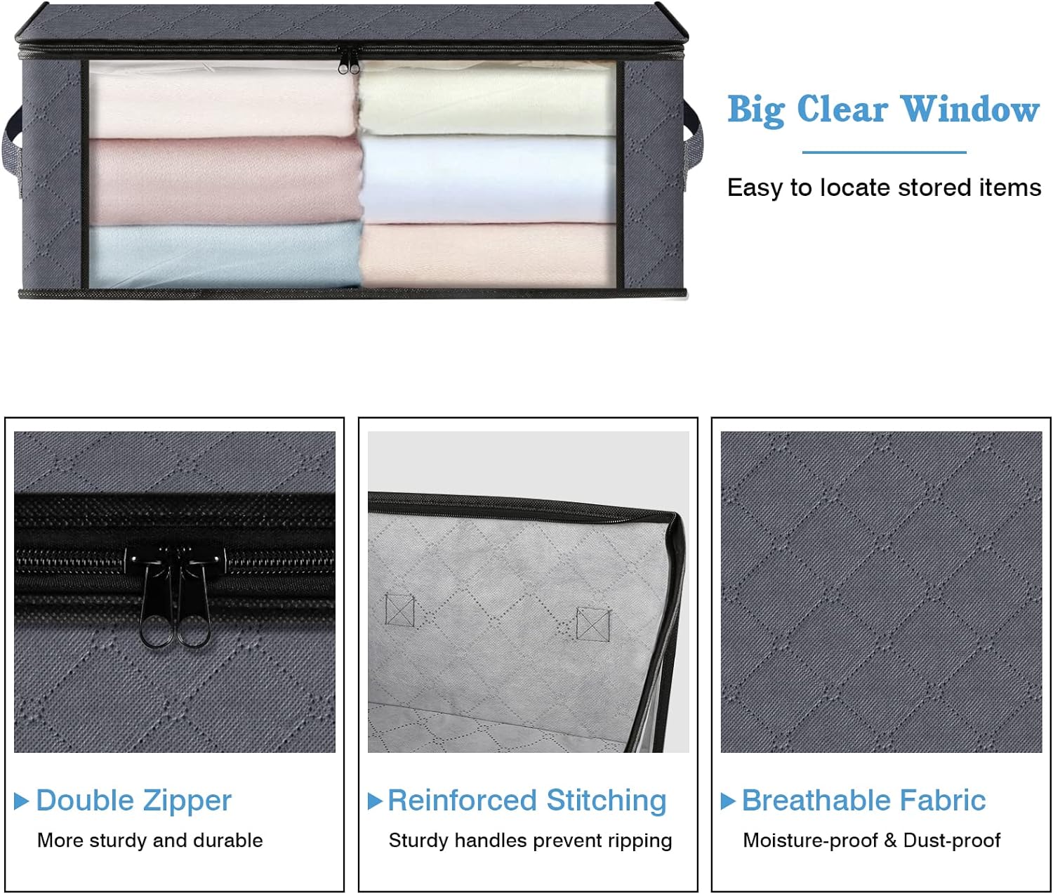 HomeHacks Storage 3-Pack Clothes Organizer Storage Bags Foldable Storage Box with Large Clear Window Sturdy Handles for Closet, Dorm, Pillows, Bedding, Clothes, Blankets, 35L, Gray ? ? ? ? ? - Image 3