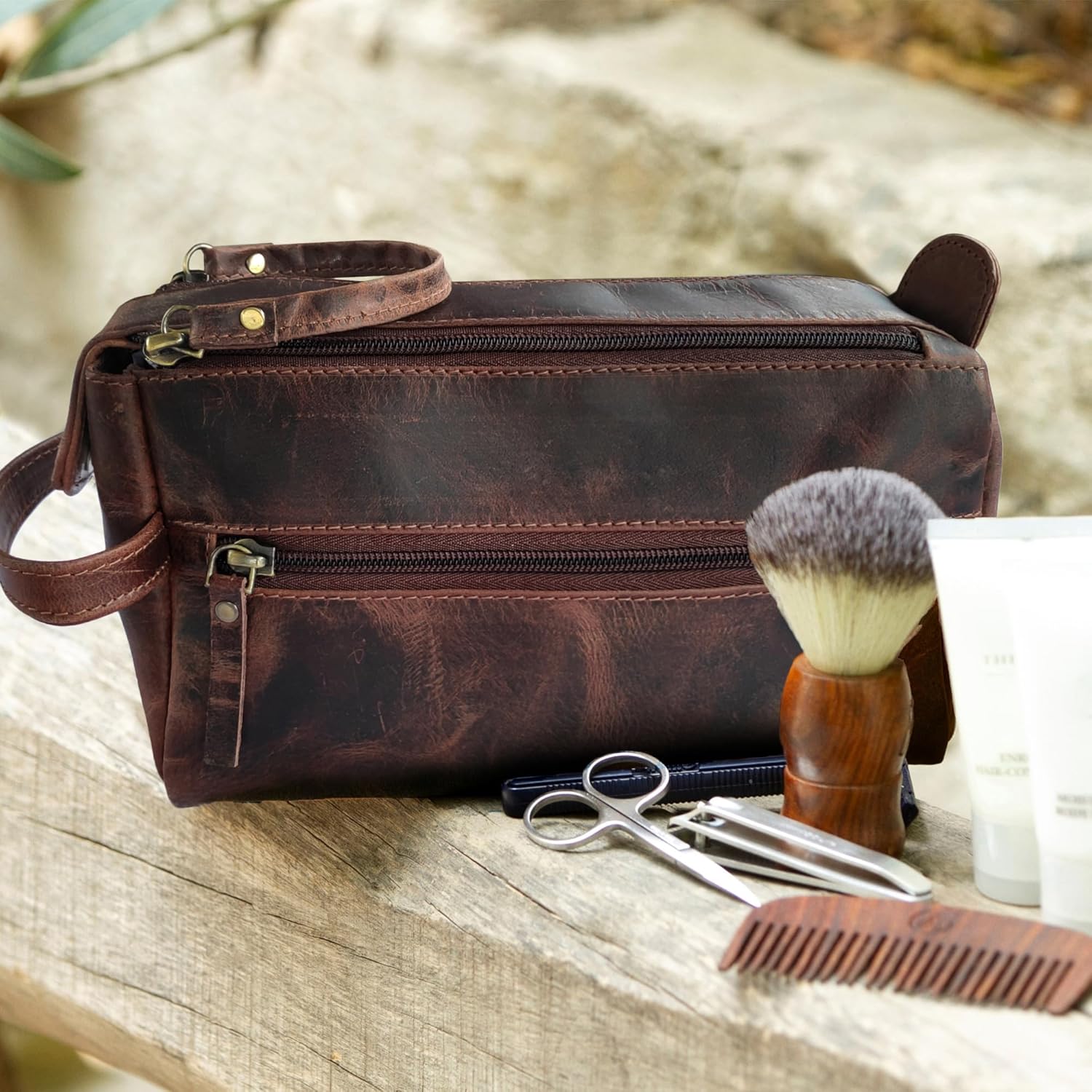 RUSTIC TOWN Buffalo Leather Toiletry Bag : Vintage Travel Shaving & Dopp Kit : for Toiletries, Cosmetics & More : Spacious Interior & Waterproof Lining : Compact, Fits Easily in Luggage ? ? ? ? ? - Image 2