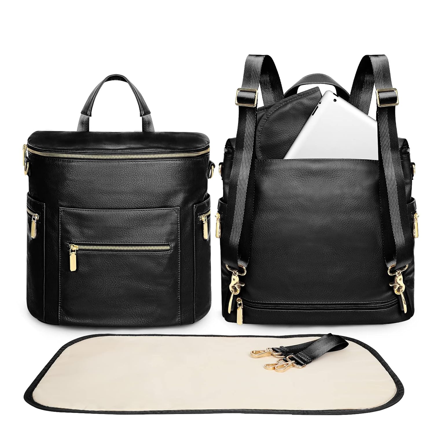 miss fong Diaper Bag Backpack Baby Diaper Bag, Large Leather Diaper Backpack with 16 Pockets Travel Diaper Bag with Diaper Changing Pad, Stroller Straps & 2 Insulated Pockets(Convertible, Black) ? ? ? ? ?