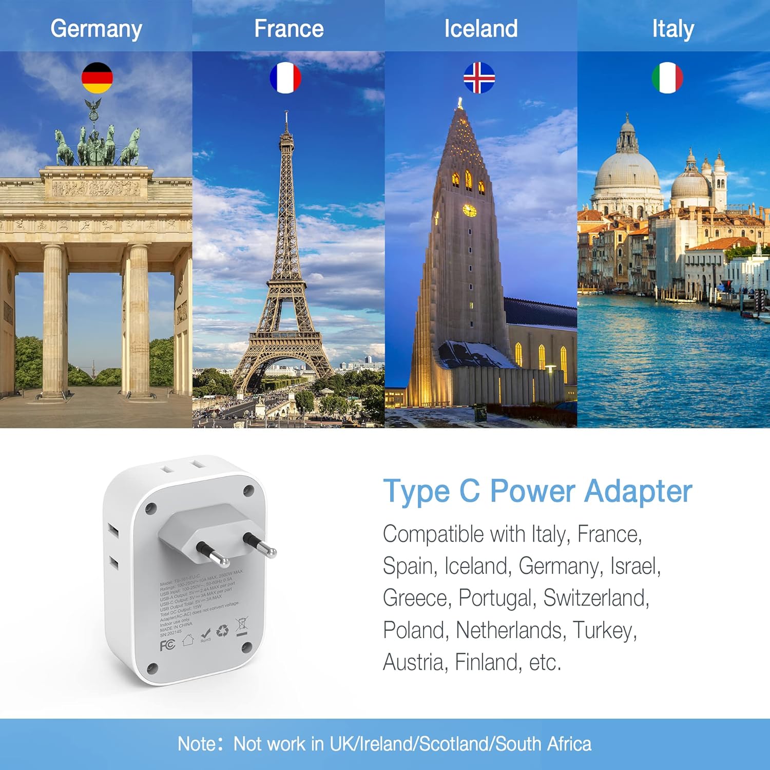 2 Pack European Travel Plug Adapter USB C, TESSAN US to Europe Plug Adapter with 4 Outlets 3 USB Charger, Type C Power Adaptor to Italy Spain France Portugal Iceland Germany, White Gray ? ? ? ? ? - Image 2
