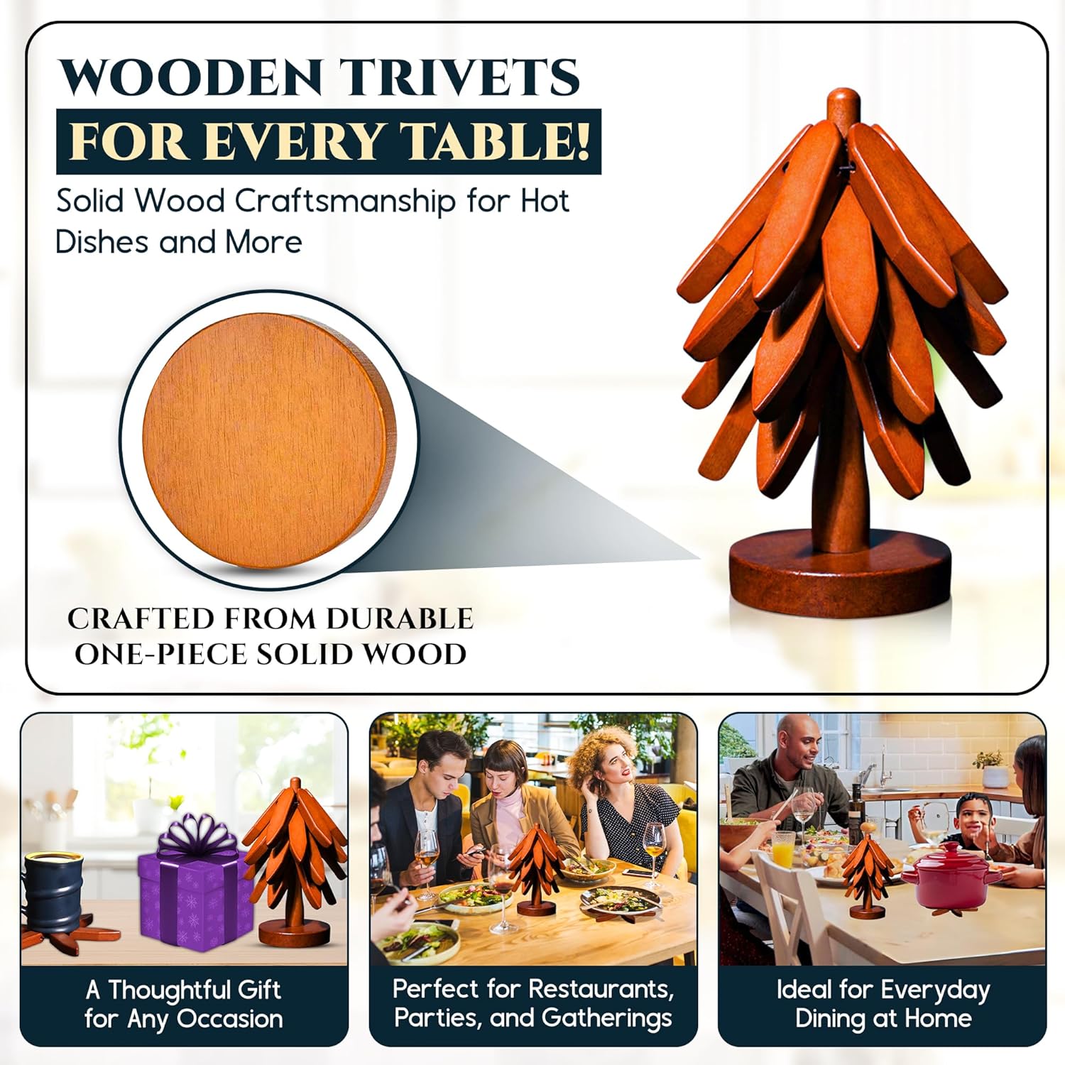 Wooden Trivet Set of 4 - Tree Trivets for Hot Dishes, Heat-Resistant Decorative Table Protectors, Wooden Tree Trivet Set with Free Hot Pot Holder - Kitchen Essentials for Countertops & Dining ? ? ? ? ? - Image 2