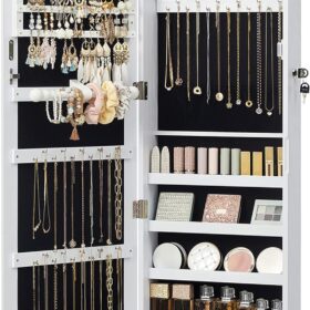 SONGMICS 6 LEDs Mirror Jewelry Cabinet, 47.2-Inch Tall Lockable Wall or Door Mounted Jewelry Armoire Organizer with Mirror, 2 Drawers, 3.9 x 14.6 x 47.2 Inches, White UJJC93W ?   ?   ?  ?   ?