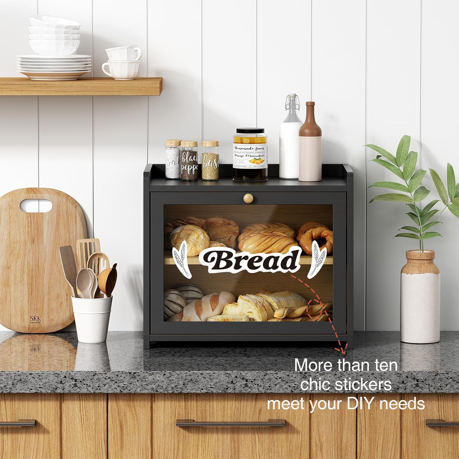 Black Bread Box for Kitchen Countertop, Large Bread Storage Container for Homemade Bread, Wood Farmhouse Breadbox Organizer for Kitchen Counter Corner, Cabinet, Pantry, Cupboard (Black) ? ? ? ? ? - Image 4