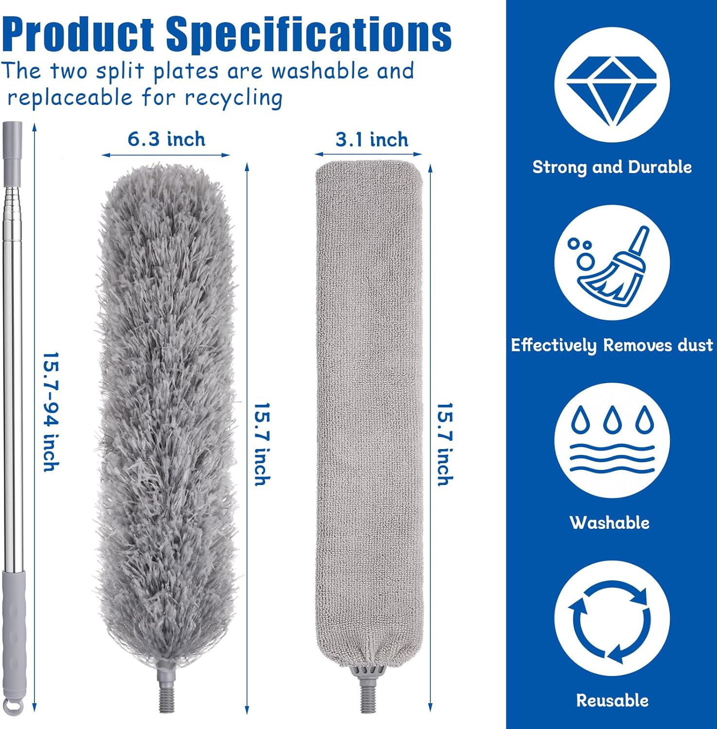 Feather Duster Set (4 Pieces), 30-100 inch Retractable Gap Dust Cleaner and Feather Duster, Microfiber Duster Can be Used for Cleaning Ceilings, Furniture Refrigerators and Under Sofas - Image 3