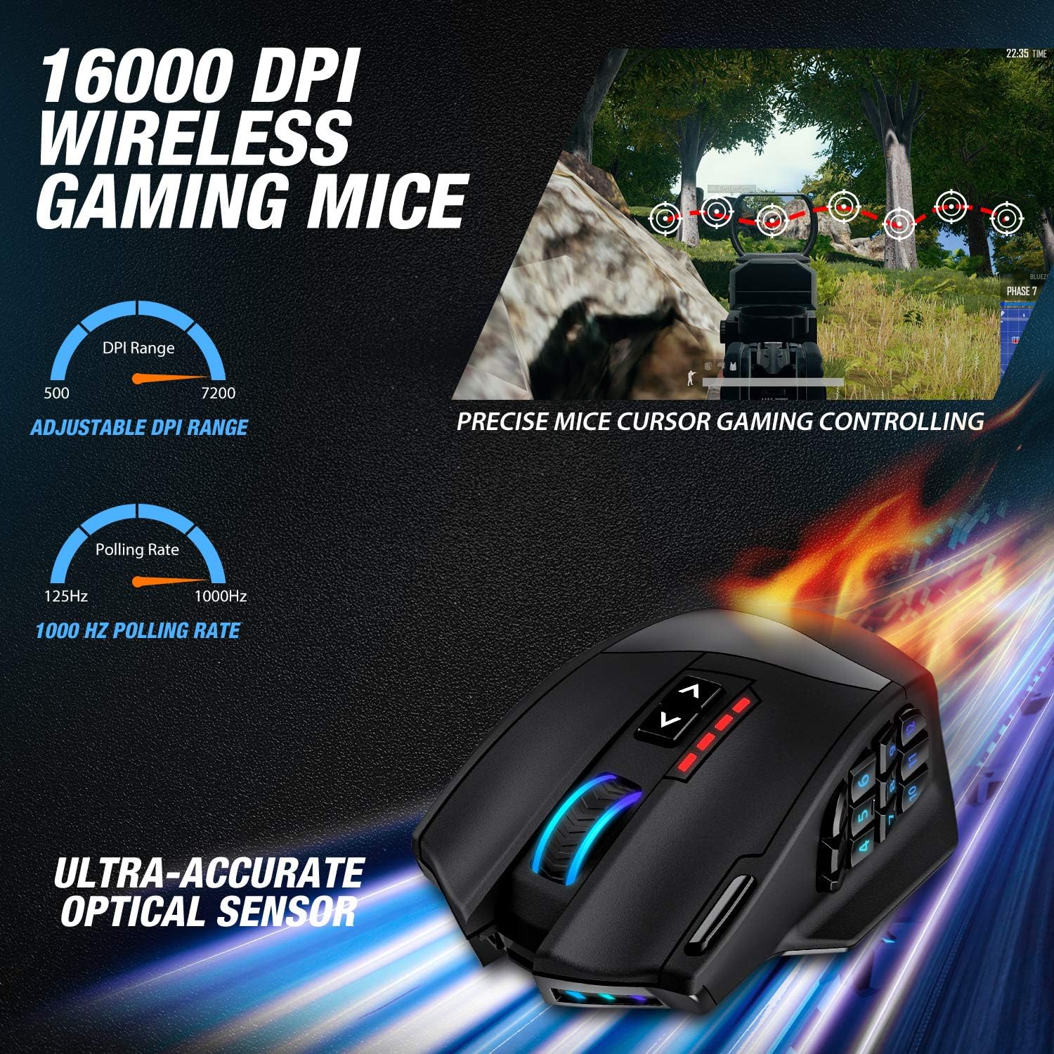 UtechSmart Venus Pro RGB Wireless MMO Gaming Mouse, 16,000 DPI Optical Sensor, 2.4 GHz Transmission Technology, Ergonomic Design, 16M Chroma RGB Lighting, 16 programmable Buttons, Up to 70 Hours ? ? ? ? ? - Image 2