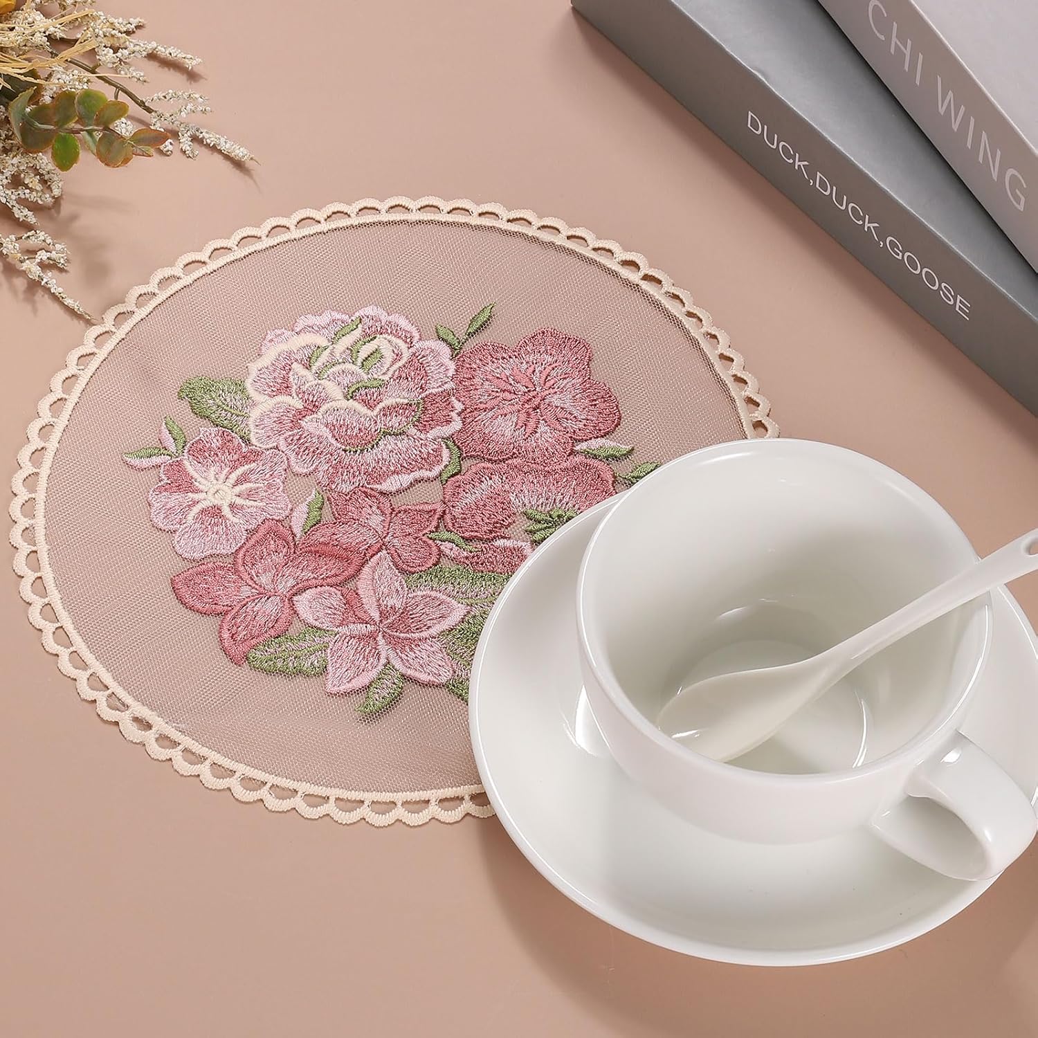 uxcell 2Pcs Retro Lace Placemats, French Crochet Doilies Round Embroidered Hollow Cup Vase Table Mat for Dining Table Kitchen Party 8x8inch, Beige - Image 4
