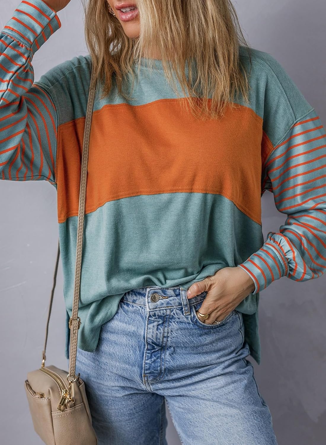 Dokotoo Long Sleeve Spring Tops Oversized 2025 Trendy Round Crew Neck Casual Color Block Womens Shirts Blouses ? - Image 4