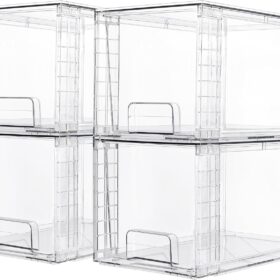 Vtopmart 4 Pack Large Stackable Storage Drawers,Easily Assemble Acrylic Bathroom Closet Undersink Organizers and Storage,Plastic Bins for Kitchen Cabinets,Pantry,Makeup,Medicine Organization                 