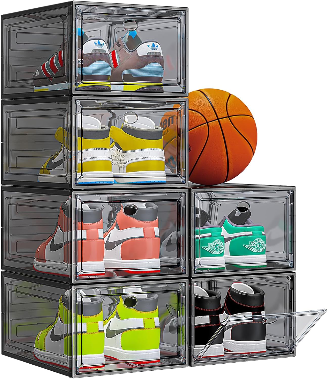 Thicken & Sturdy Clear Shoe Storage Organizer with Magnetic Door, Stackable Boxes for Closet, Foldable Shoe Rack for Sneaker Boot Container, Plastic Shoe Cabinet Shoe Box 6 Pack, Black ? ? ? ? ?