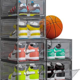Thicken & Sturdy Clear Shoe Storage Organizer with Magnetic Door, Stackable Boxes for Closet, Foldable Shoe Rack for Sneaker Boot Container, Plastic Shoe Cabinet Shoe Box 6 Pack, Black ?   ?   ?  ?   ?