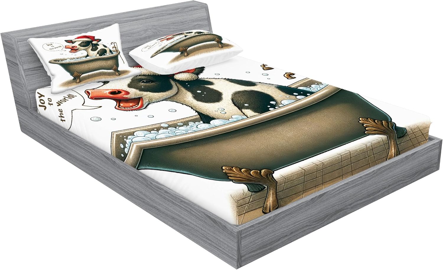 Ambesonne Christmas Fitted Sheet & Pillow Sham Set, Funny Cow Having a Bubbly Bath Humorous Xmas Caricature Joy to World, Decorative Printed 3 Piece Bedding Decor Set, Full, Dark Sepia Red White ? ? ? ? ? - Image 2