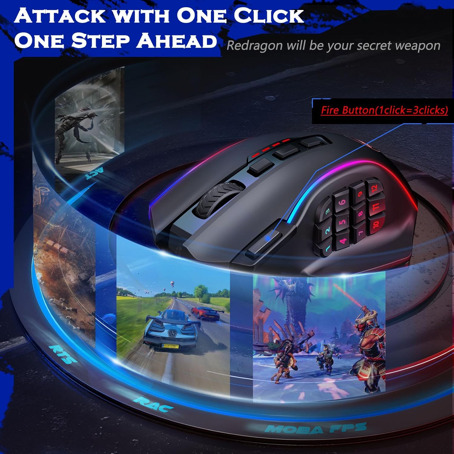 Redragon Wireless Gaming Mouse, MMO Gaming Mouse UP 16,000 DPI, 16 Macro Programmable Buttons, RGB Rechargeable Gaming Mouse with 12 Side Buttons, 70Hrs for PC Laptop MOBA FPS, M901P-KS - Image 4