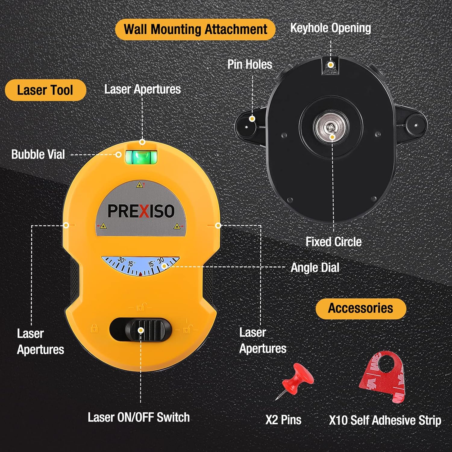 PREXISO Multi Surface Laser Level LED Light Vial, 30Ft Horizontal & Vertical Line Laser with Wall Mount Base, 2 Pins, 10 Sticker, 2 AA Batteries for Hanging Frames & Picture, Construction Wall Writing ? ? ? ? ? - Image 6