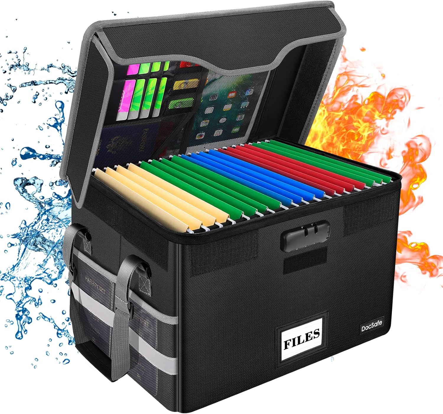 DocSafe File Box Fireproof Document Box with Lock,File Storage Organizer Box with Mesh Pockets,Collapsible Portable File Box Home Office File Cabinet with Handle for Hanging Letter/Legal Folder,Black ? ? ? ? ?