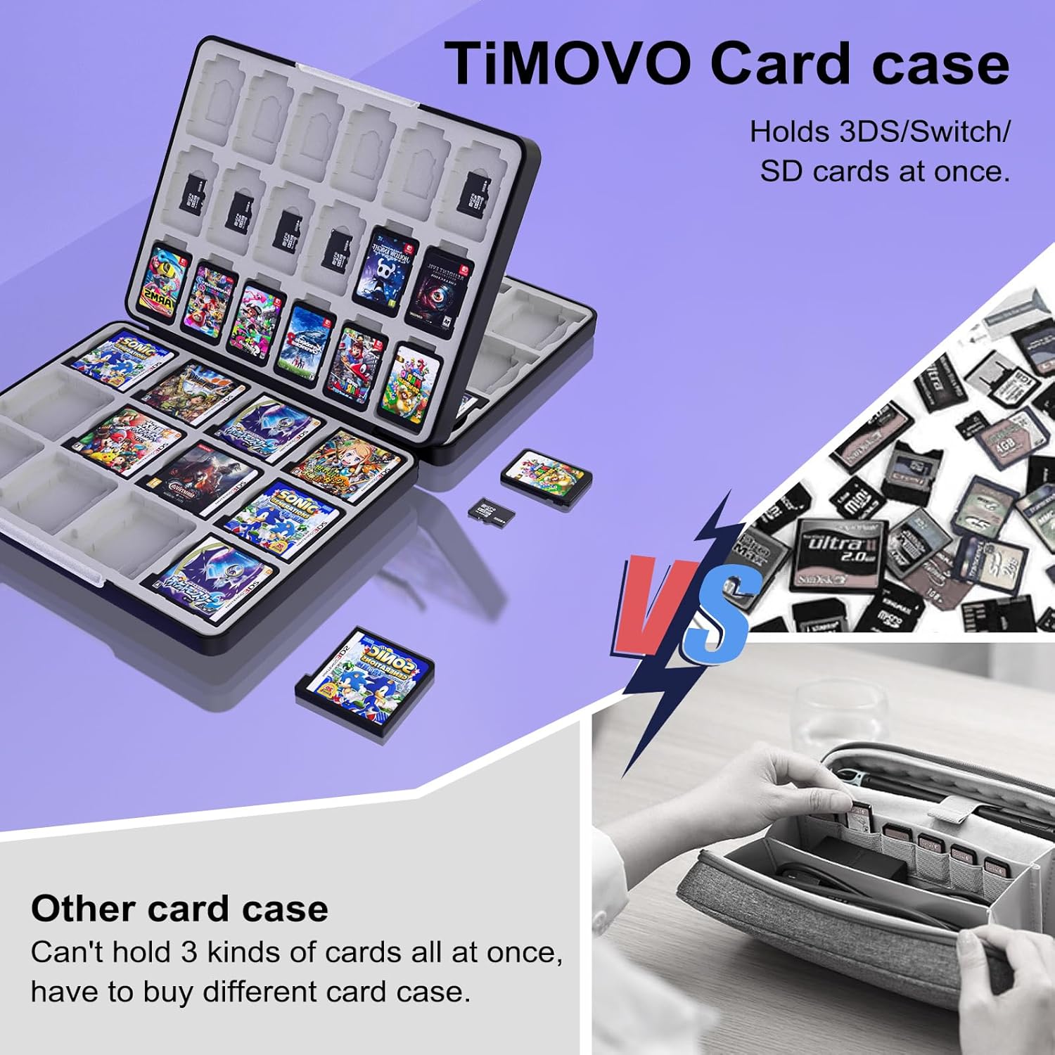 TiMOVO 60 Game Card Case for Switch OLED/Switch/3DS/2DS, 60 Slots Switch Game Holder Cartridge For 24 3DS/3DSXL/DS/DSi Cards & 60 Switch & 36 SD Cards, 3 in 1 Portable Game Storage Case, Black & Gray ? ? ? ? ? - Image 2