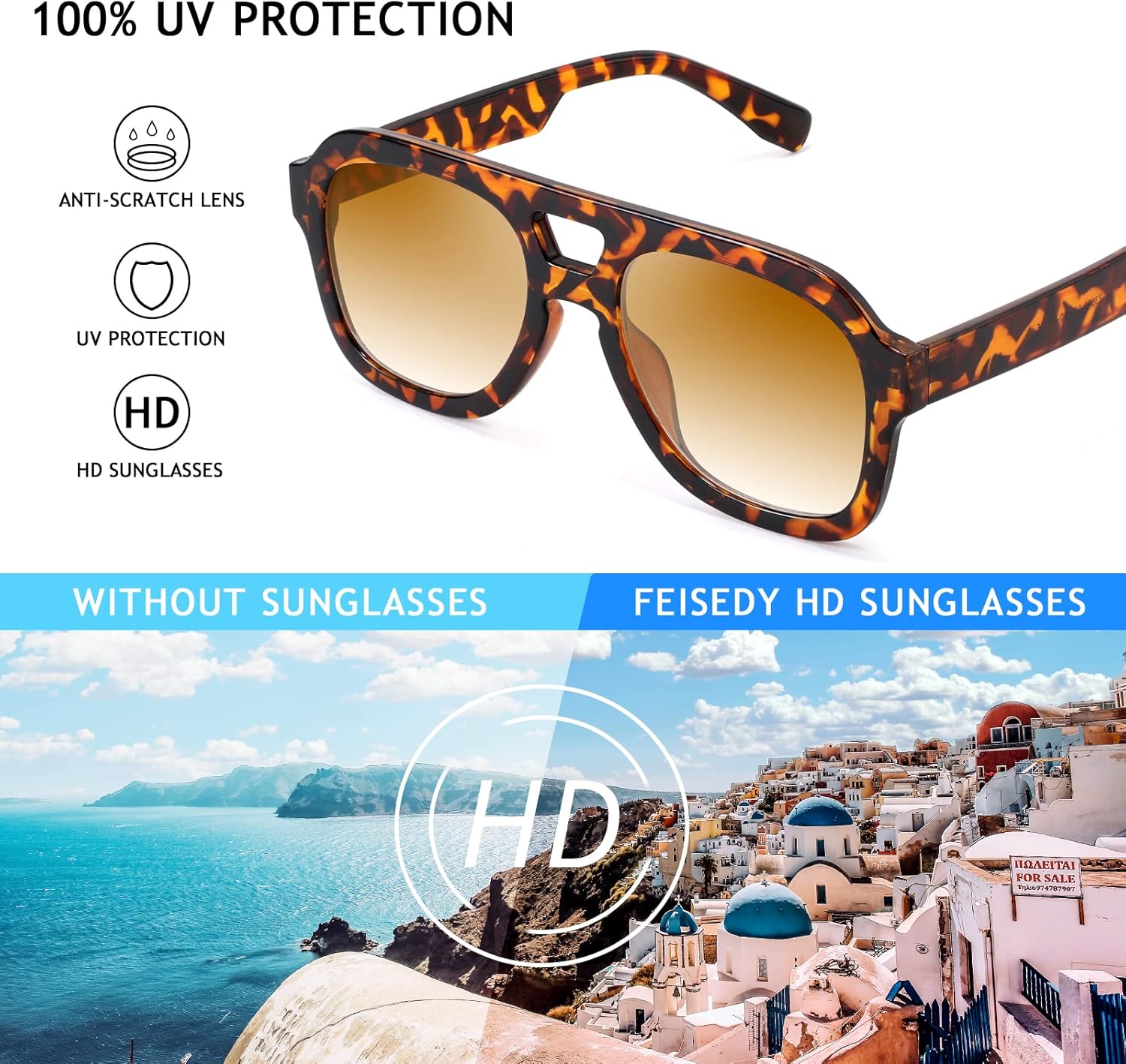 FEISEDY Vintage Aviator Sunglasses Double Bridge Women Men Large Square Thick Frame Trendy Eyewear UV400 B2846 ? - Image 6
