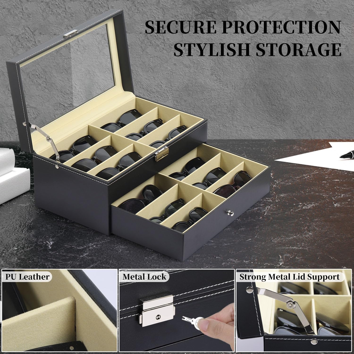 AUTOARK Leather 12 Piece Eyeglasses Storage and Sunglass Glasses Display Drawer Lockable Case Organizer,Black,AW-023 ? ? ? ? ? - Image 3