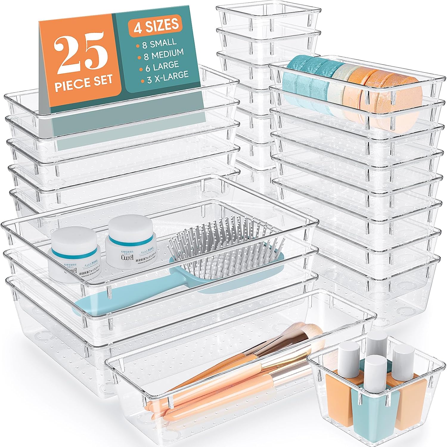 WOWBOX 25 PCS Clear Plastic Drawer Organizer Set, 4 Sizes Desk Drawer Divider Organizers and Storage Bins for Makeup, Jewelry, Gadgets for Kitchen, Bedroom, Bathroom, Office ? ? ? ? ?