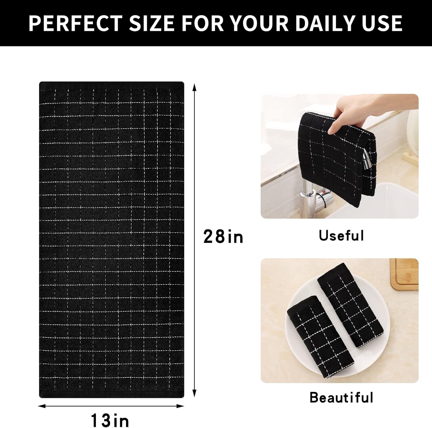 Homaxy 100% Cotton Terry Kitchen Towels(Black, 13 x 28 inches), Checkered Designed, Soft and Super Absorbent Dish Towels, 4 Pack - Image 5