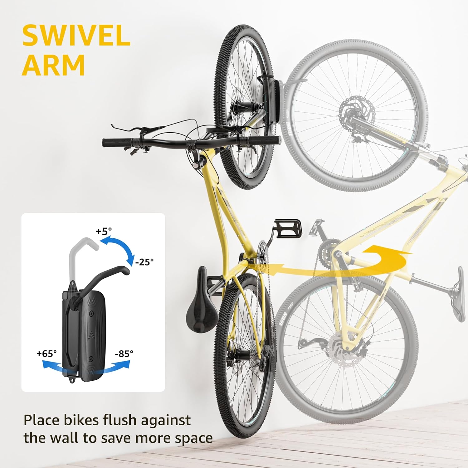monTEK Swivel Bike Wall Mount, Bike Hangers for Garage, Wall Mount Bike Rack, Space Saving Wall Bike Rack, Vertical Bike Rack Holds up to 66lbs ? ? ? ? ? - Image 3