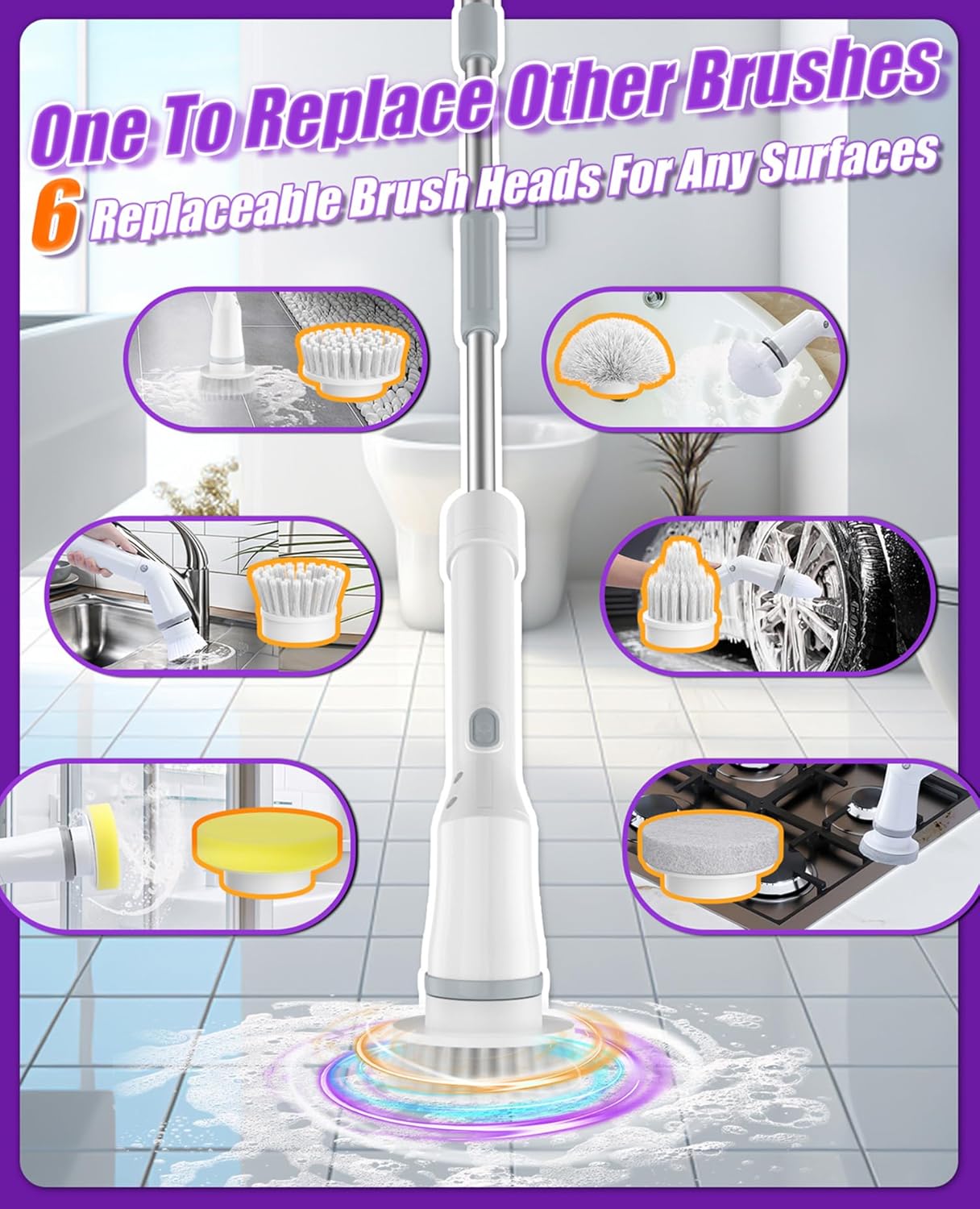 Electric Spin Scrubber, Cordless Cleaning Brush 6 Replaceable Brush Heads, 2H Power Dual Speed, Shower Scrubber with IPX7 Waterproof Extension Handle for Bathroom Tub Tile Floor Car ? ? ? ? ? - Image 4