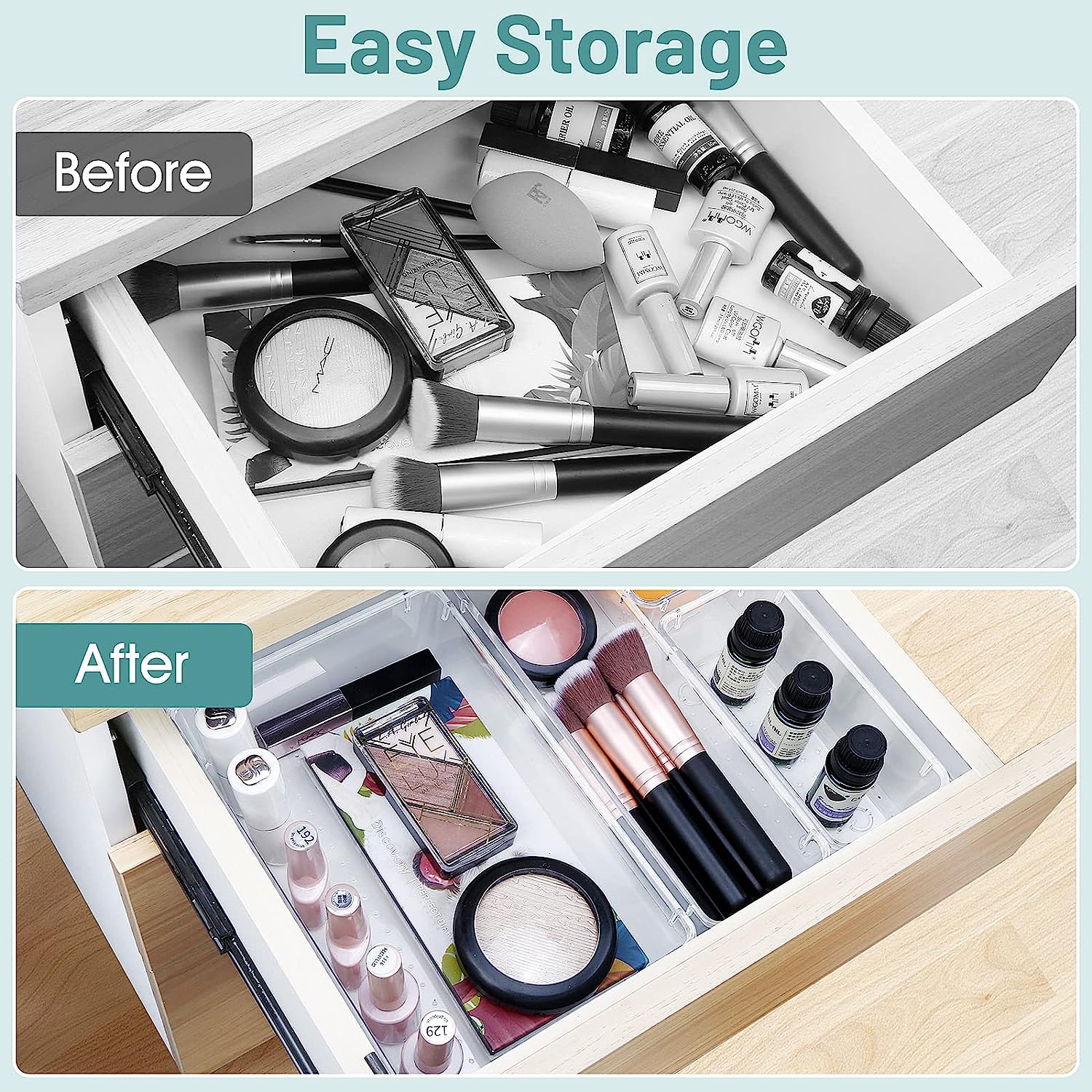 WOWBOX 25 PCS Clear Plastic Drawer Organizer Set, 4 Sizes Desk Drawer Divider Organizers and Storage Bins for Makeup, Jewelry, Gadgets for Kitchen, Bedroom, Bathroom, Office ? ? ? ? ? - Image 4