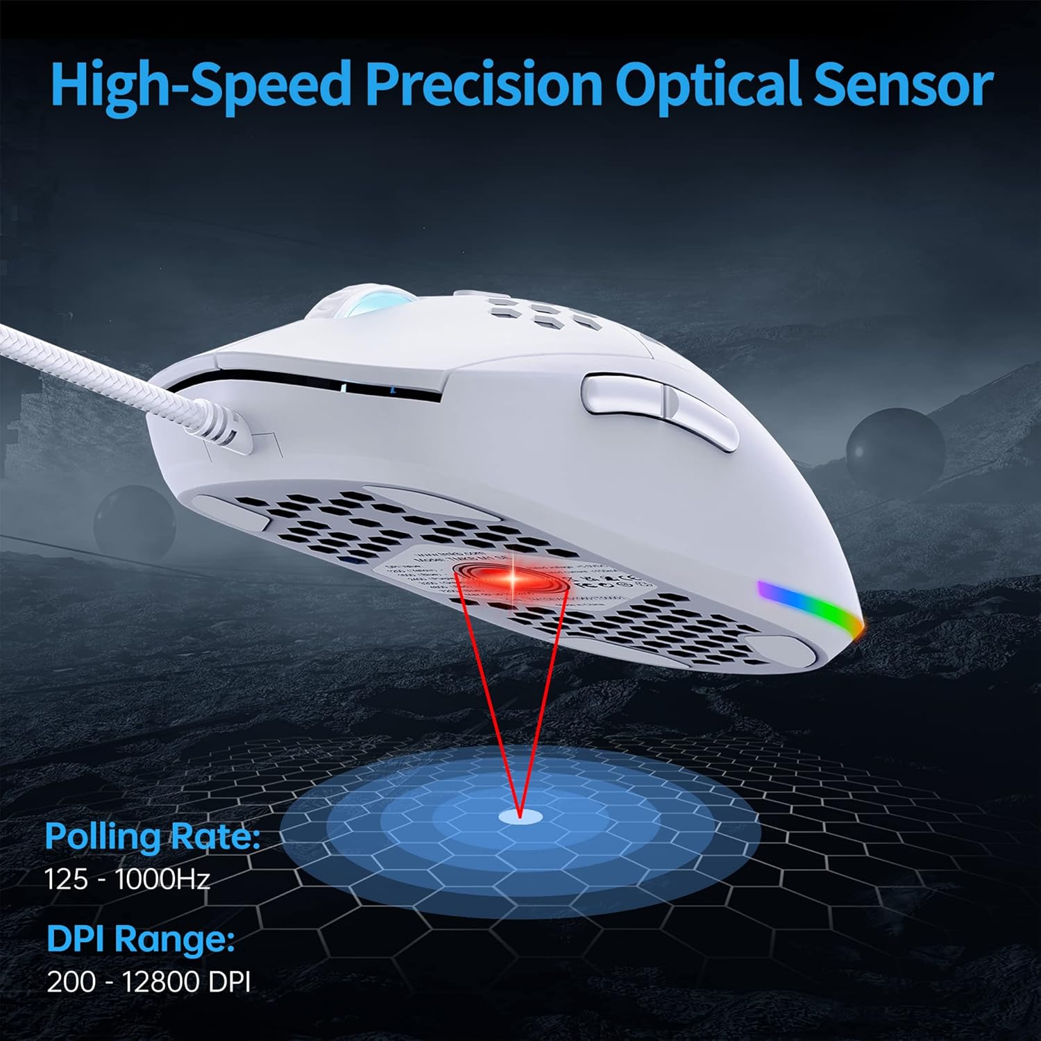 TMKB Falcon M1SE Ultralight Honeycomb Gaming Mouse, High-Precision 12800DPI Optical Sensor, 6 Programmable Buttons, Customizable RGB, Drag-Free Paracord, Ergonomic, Wired - Matte White ? ? ? ? ? - Image 2