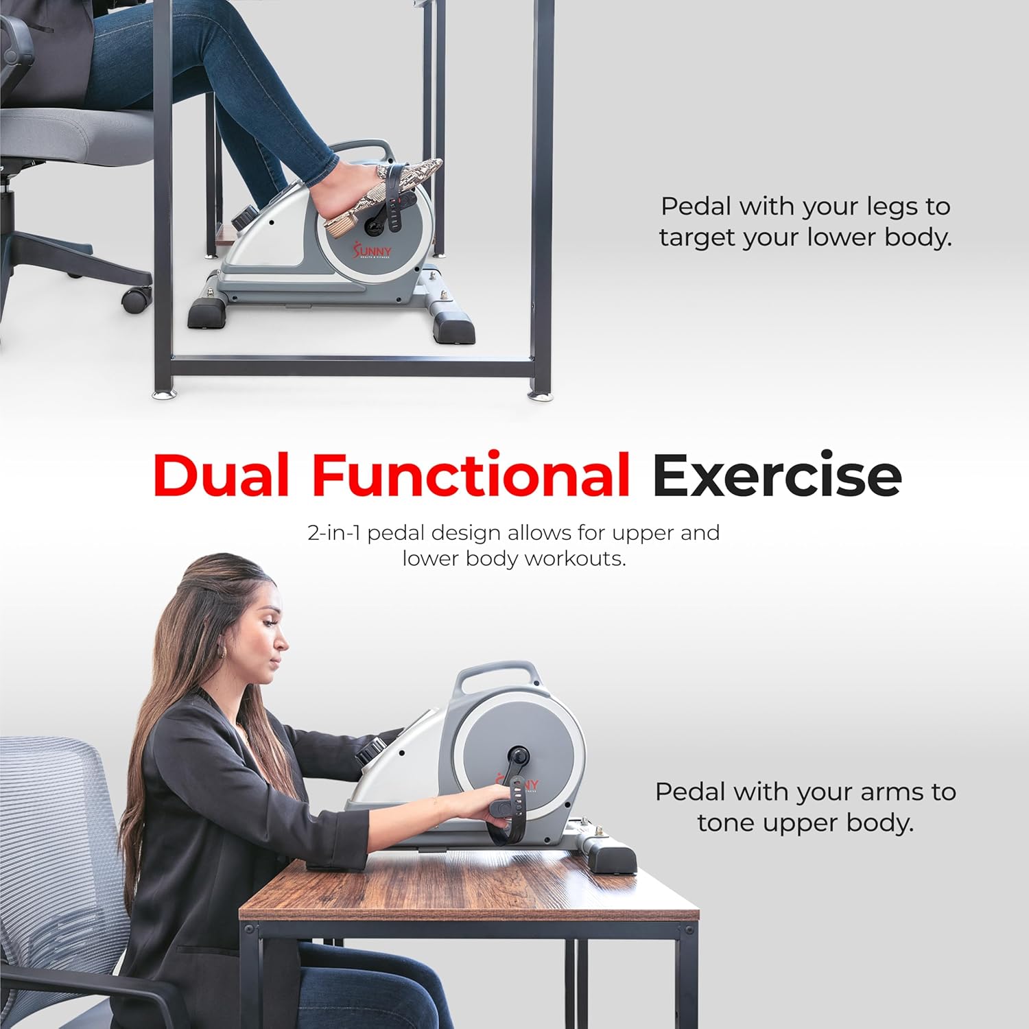 Sunny Health & Fitness Dual Function Under-Desk Bike Trainer, Mini Exercise Machine for Senior Training, Arm/Leg Cardio Cycle Workout, Optional Magnetic, Motorized & Free SunnyFit App Bluetooth Link ? ? ? ? ? - Image 2