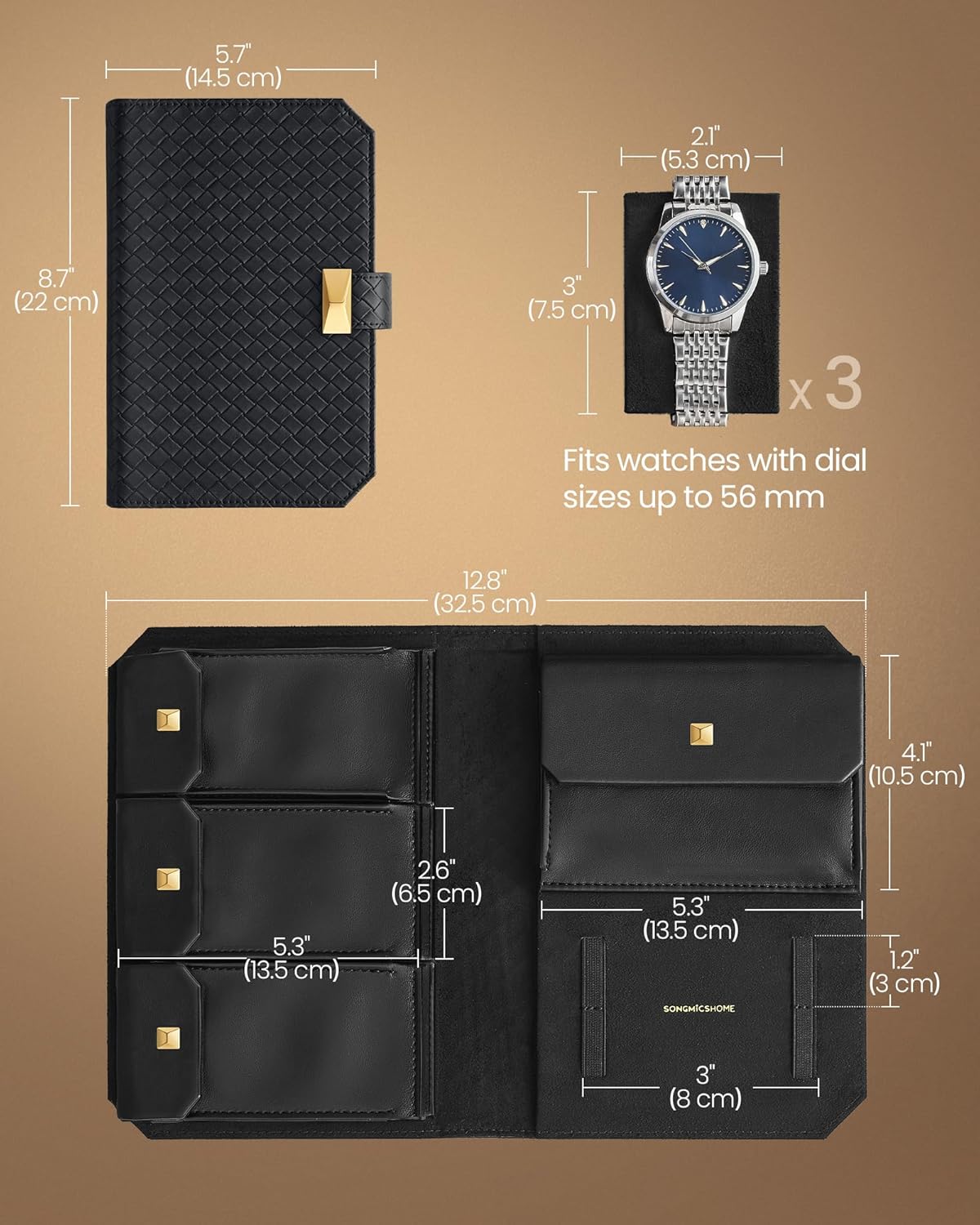SONGMICS HOME RONNE Collection - 3 Watch Travel Case, PU Leather Woven Embossed Watch Pouch, Portable Watch Storage Organizer, 8.7 x 5.7 x 1.8 Inches, Gift Idea, Ink Black UJWB018B01 ? ? ? ? ? - Image 5