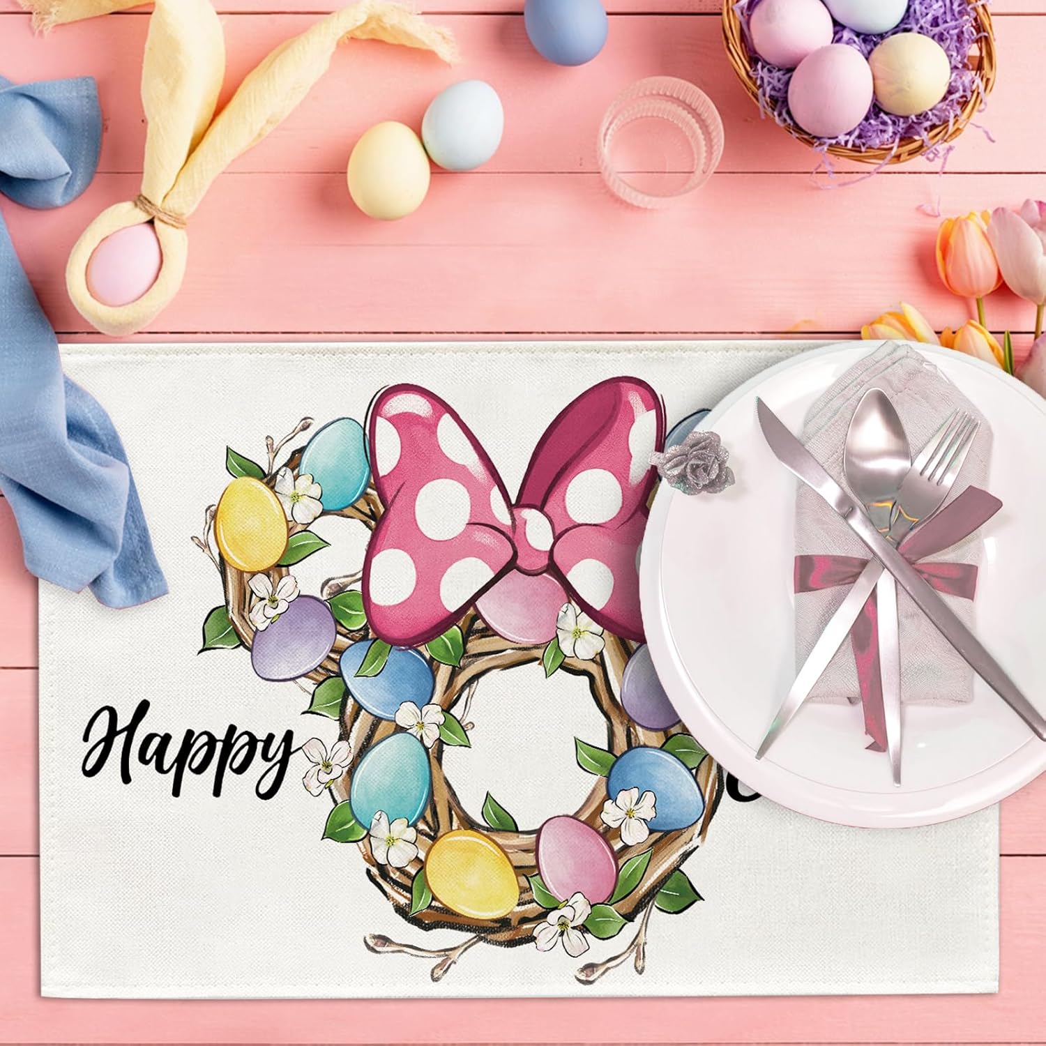 Seliem Happy Easter Placemats Set of 4, Easter Egg Wreath Dining Table Place Mats, Spring Kitchen Decor Home Decoration 12 x 18 Inch ? ? ? ? ? - Image 5